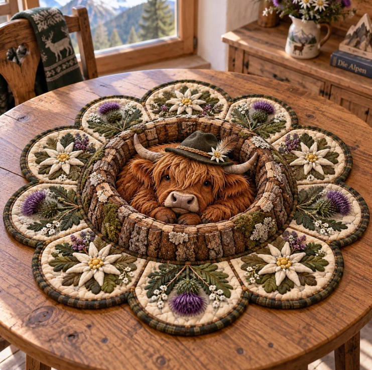Edelweiss Thistle Highland Cow Quilted Table Topper