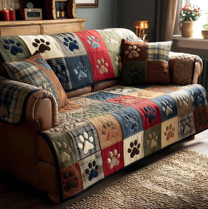 Vintage Blue Pet Paw Sofa Throw, Patchwork Quilted Couch Cover