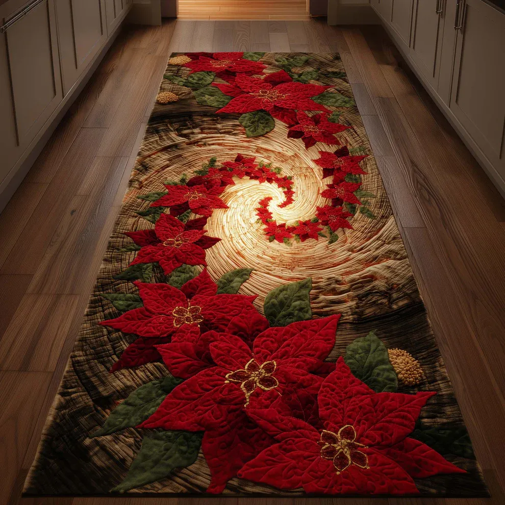 Festive Poinsettia Quilted Runner Rug  | flower