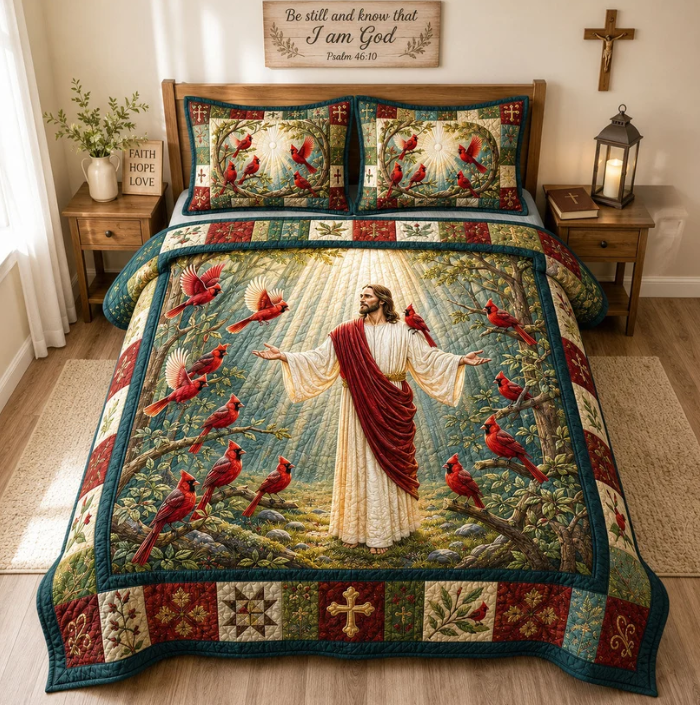 Jesus & Cardinals 3-Piece Quilted Bedding Set