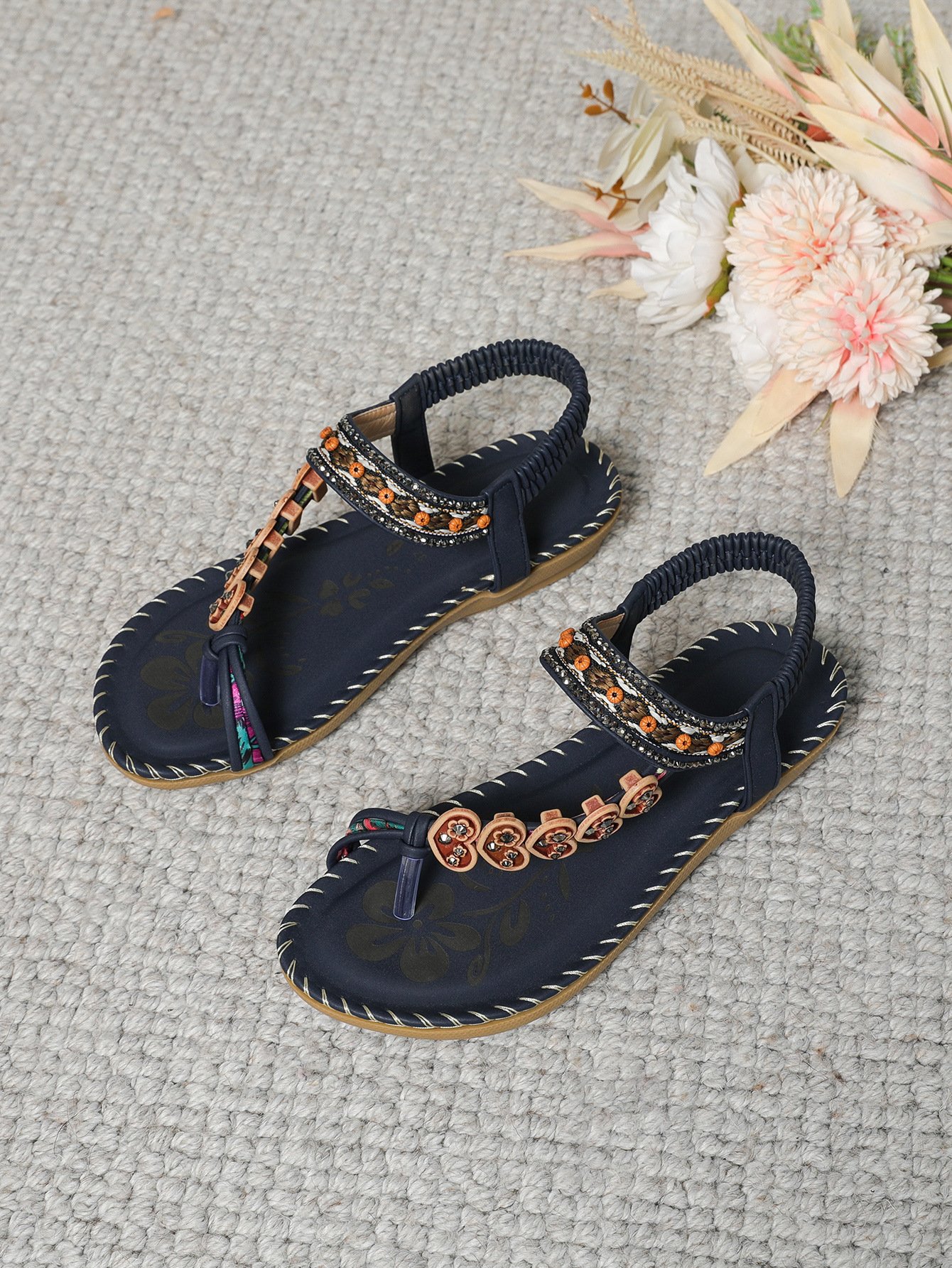 Bohemian Ethnic Style Women's Shoes Summer Fashion Beach Flat Sandals Beaded Diamond Flip Flops Sandals