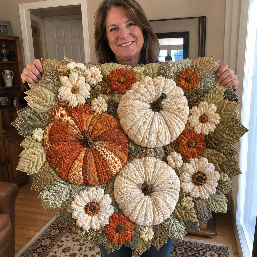 Vintage Fabric Pumpkin Daisy Autumn Leaf Quilted Table Topper