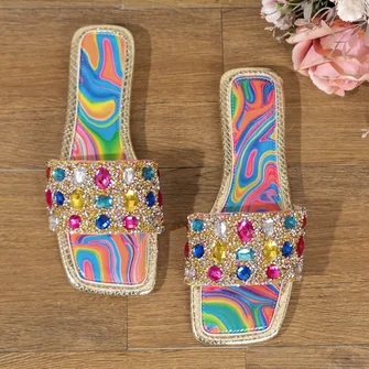 Super Large Colorful Rhinestone Flat Slippers Summer New Soft Outdoor Beach Colorful Diamond Casual Women's Shoes