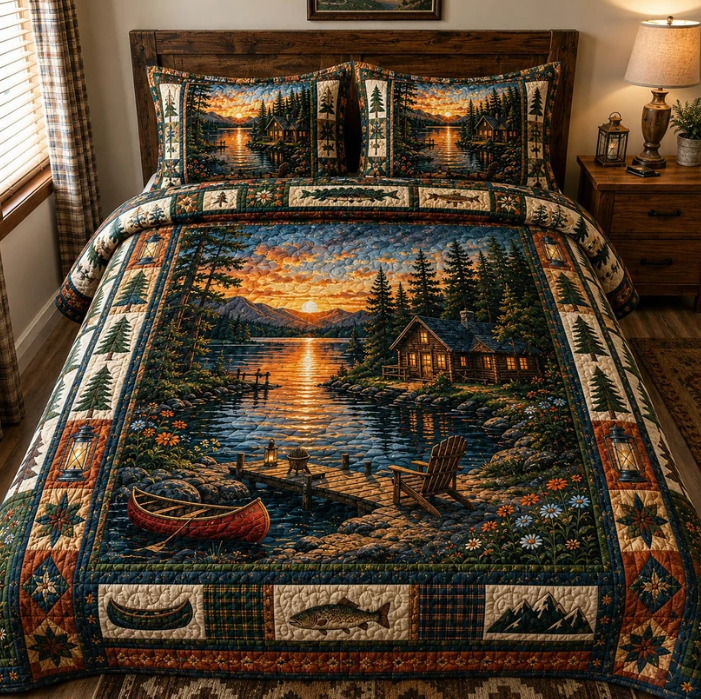 Forest Lake Cabin Quilt Mountain Canoe Landscape Bedspread