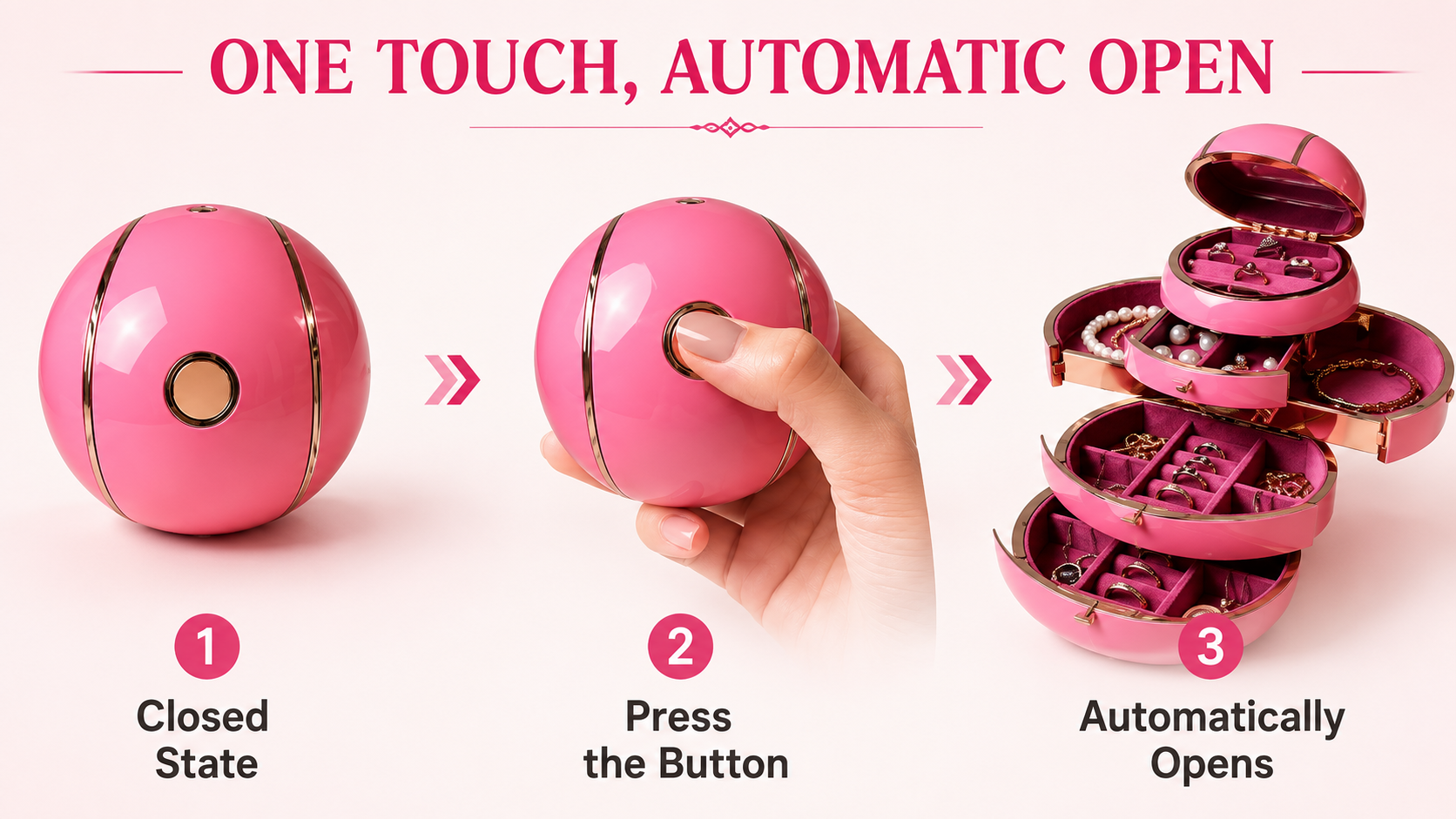 Compact spherical jewelry box unfolding into a tiered display