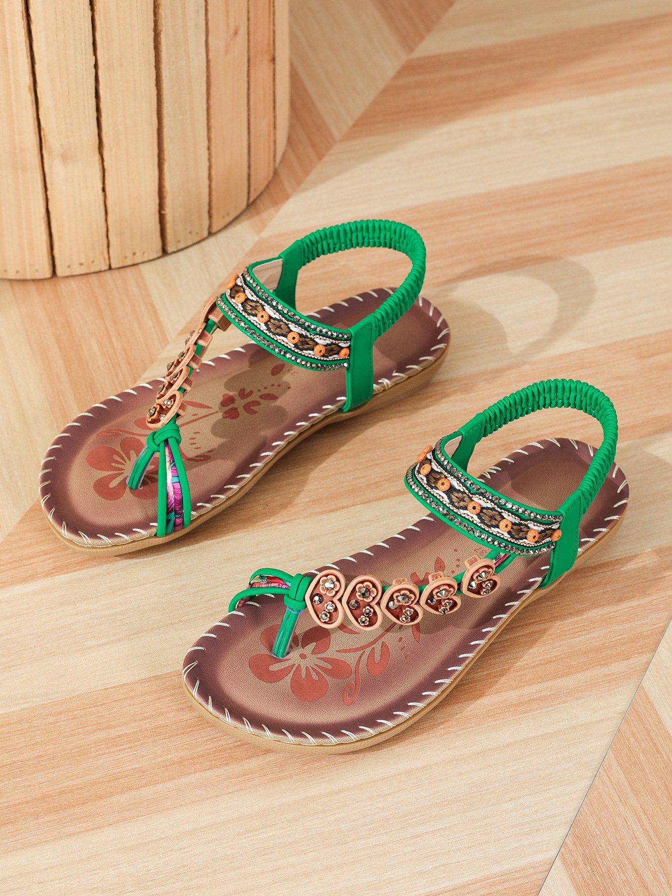 Bohemian Ethnic Style Women's Shoes Summer Fashion Beach Flat Sandals Beaded Diamond Flip Flops Sandals