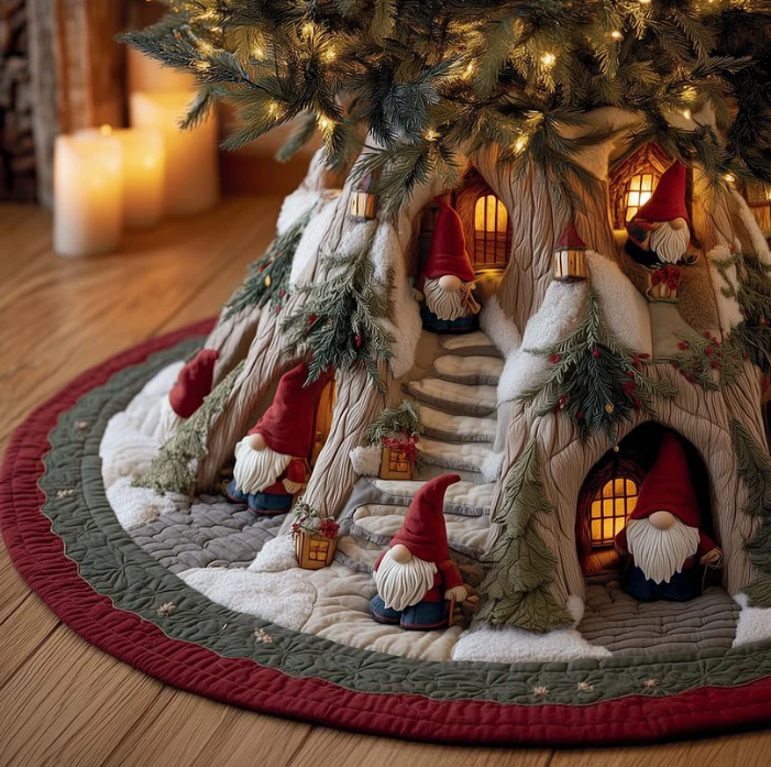 Snowy Gnome Village Quilted Christmas Tree Skirt