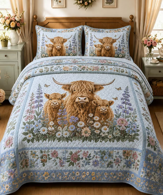 Highland Cow Floral Quilted Bedding 3-Piece Set Vintage Country Bedspread