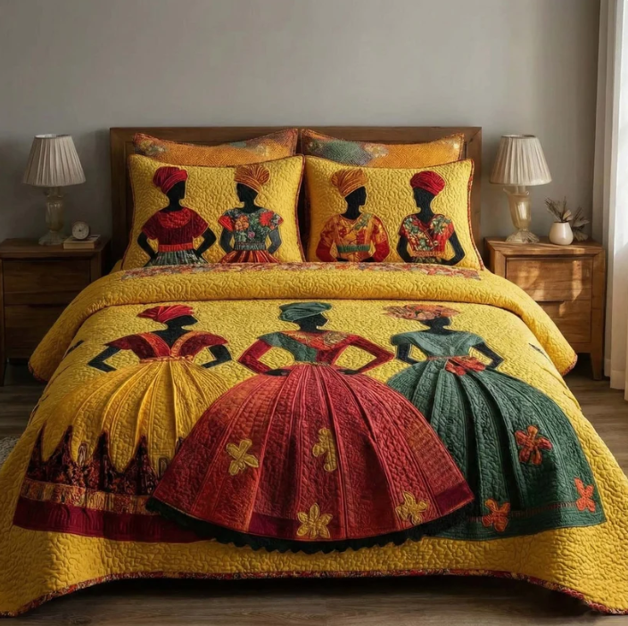 African Women 3-Piece Quilted Bedding Set