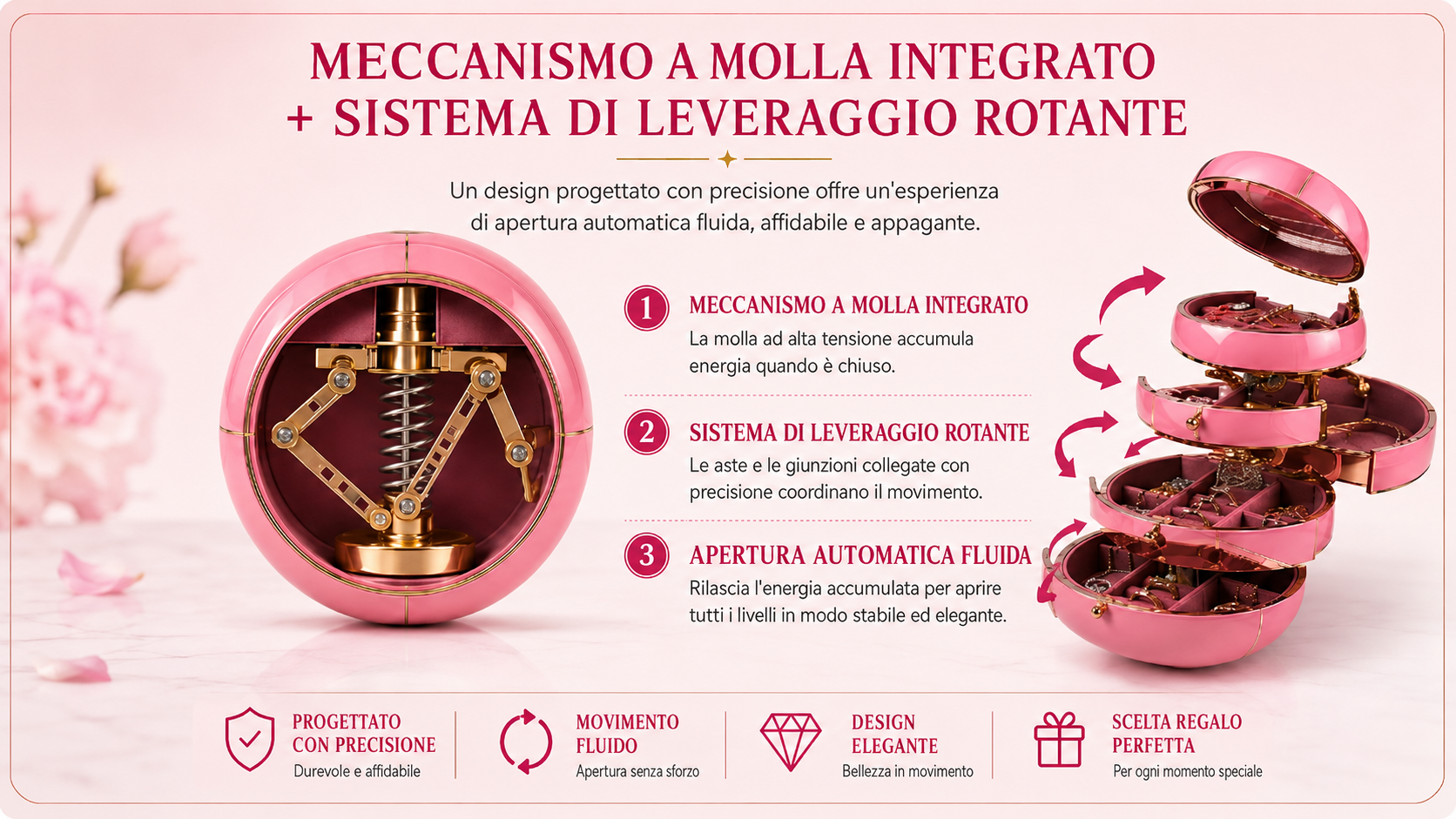 Primo piano del meccanismo interno di apertura assistito da molla e del carico bilanciato dei vassoi