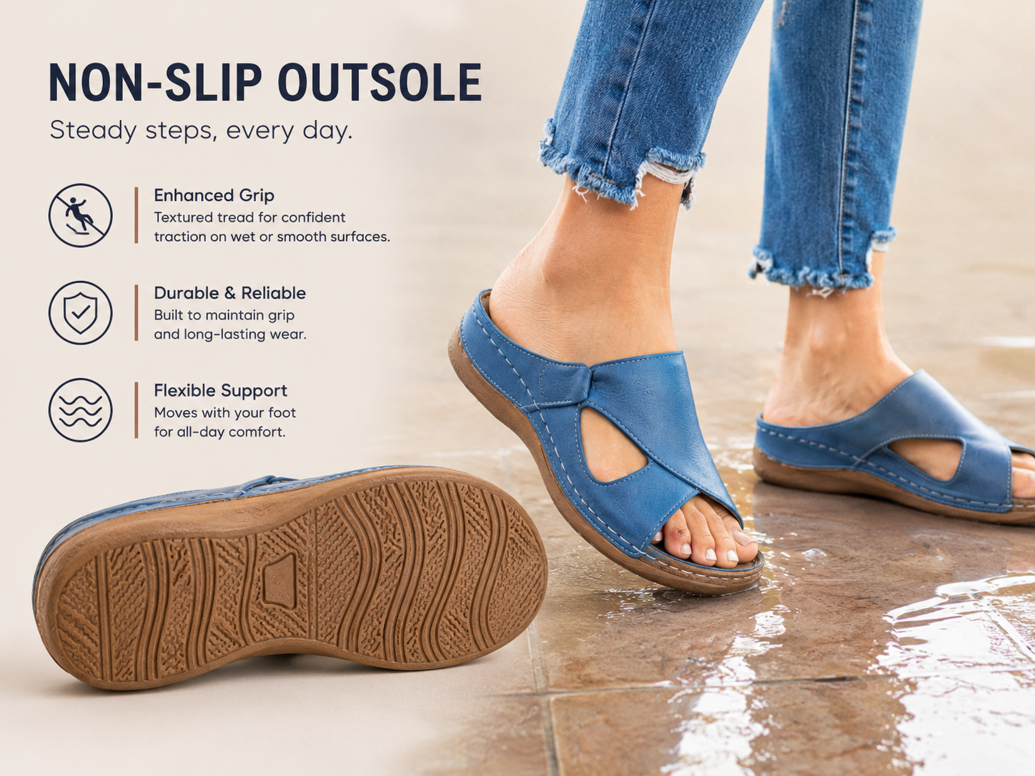 Suggested image: close-up of the non-slip rubber outsole tread pattern on pavement, tile, or a slightly wet summer surface