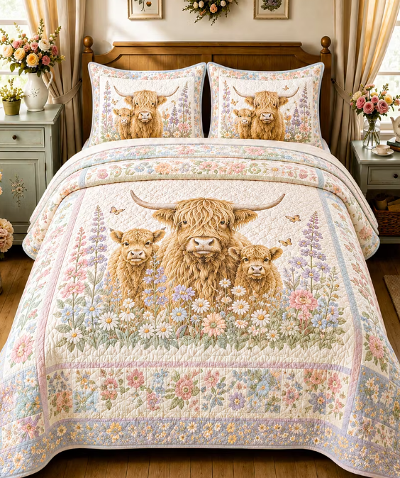 Highland Cow Floral Quilted Bedding 3-Piece Set Vintage Country Bedspread