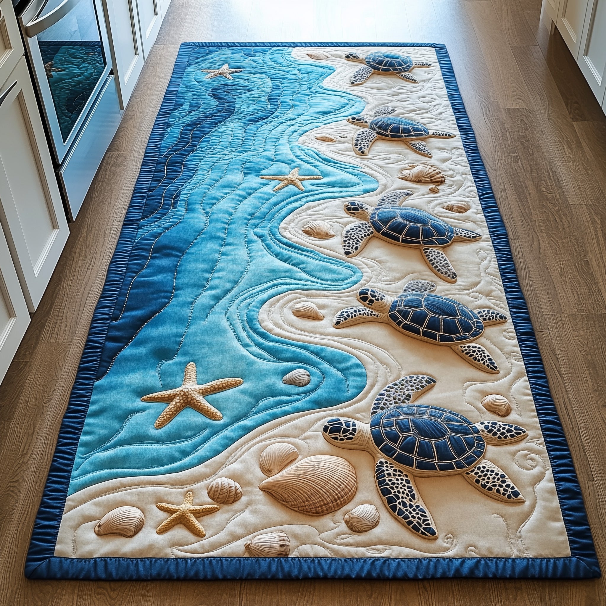 Coastal Wave & Sea Turtle Hallway Quilted  Runner Rug