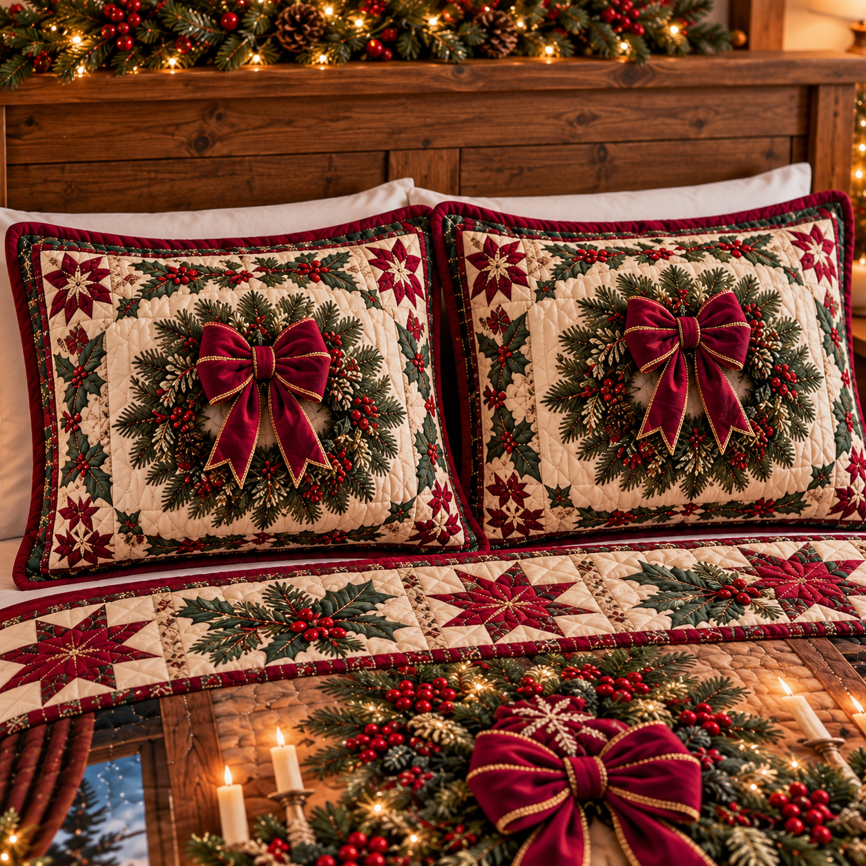Two matching Christmas pillow shams featuring evergreen wreaths with burgundy velvet-look bows, pinecones, red berries and coordinating cranberry green cream star and holly patchwork