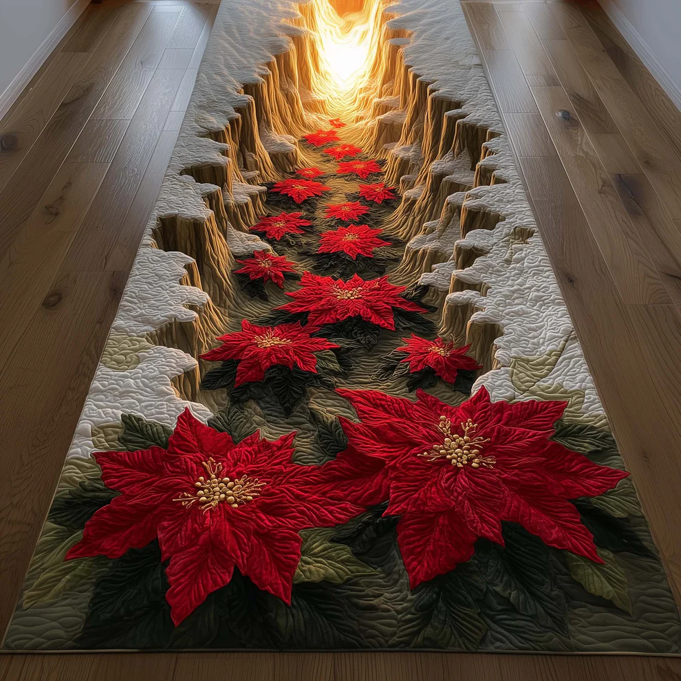 Festive Poinsettia Quilted Runner Rug  | flower