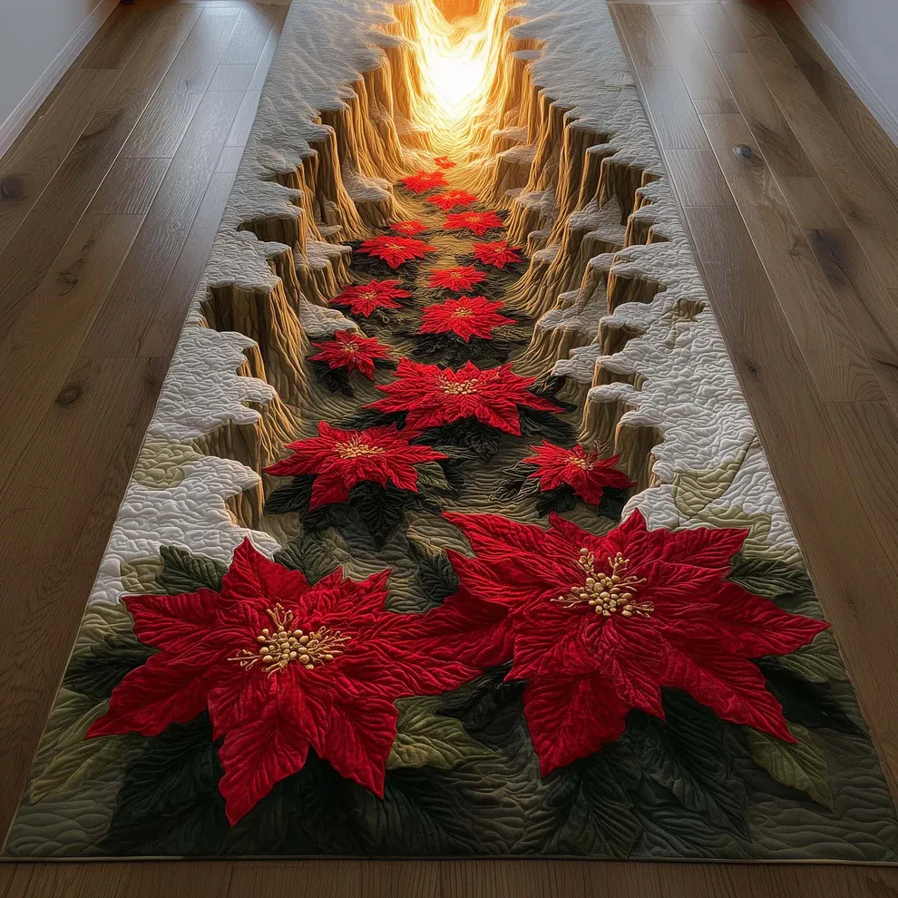 Festive Poinsettia Quilted Runner Rug  | flower