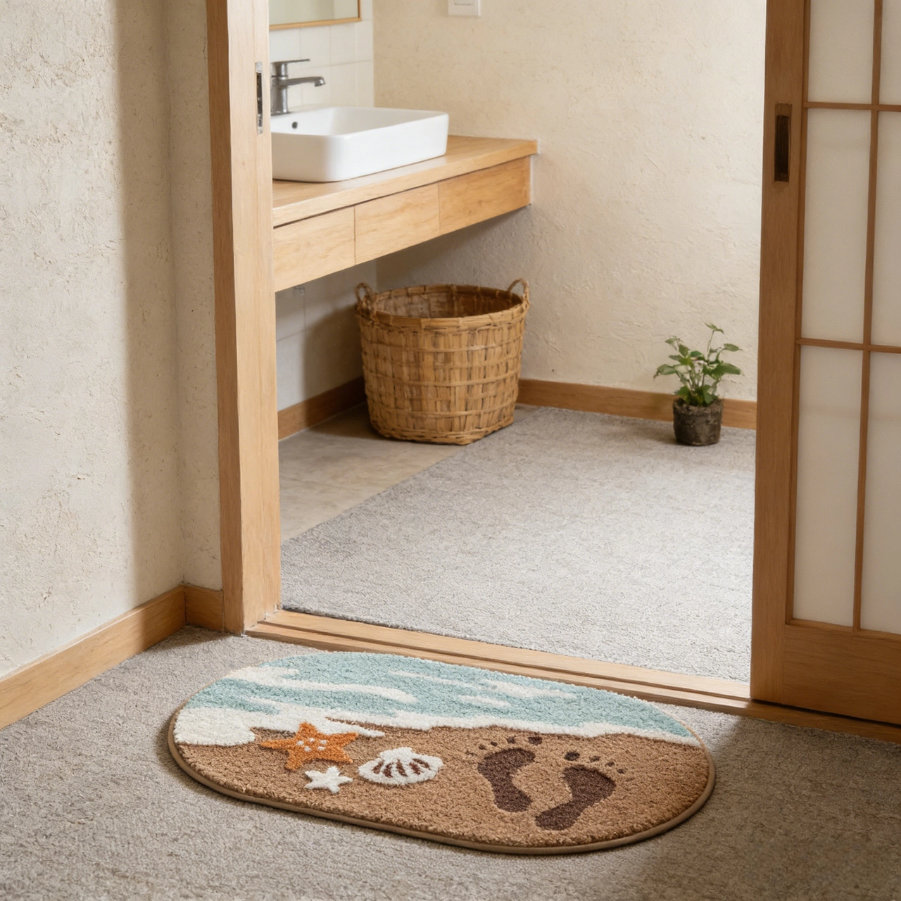 🔥 Last Day 45% OFF – Coastal Sandy Beach Faux Cashmere Flocked Rug – 3D Ocean Footprint Non-Slip Bath Mat