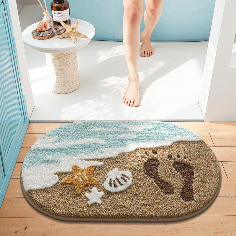 🔥 Last Day 45% OFF – Coastal Sandy Beach Faux Cashmere Flocked Rug – 3D Ocean Footprint Non-Slip Bath Mat