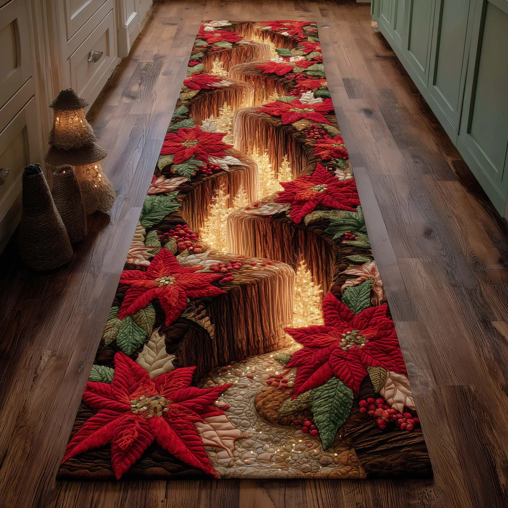 Festive Poinsettia Quilted Runner Rug  | flower