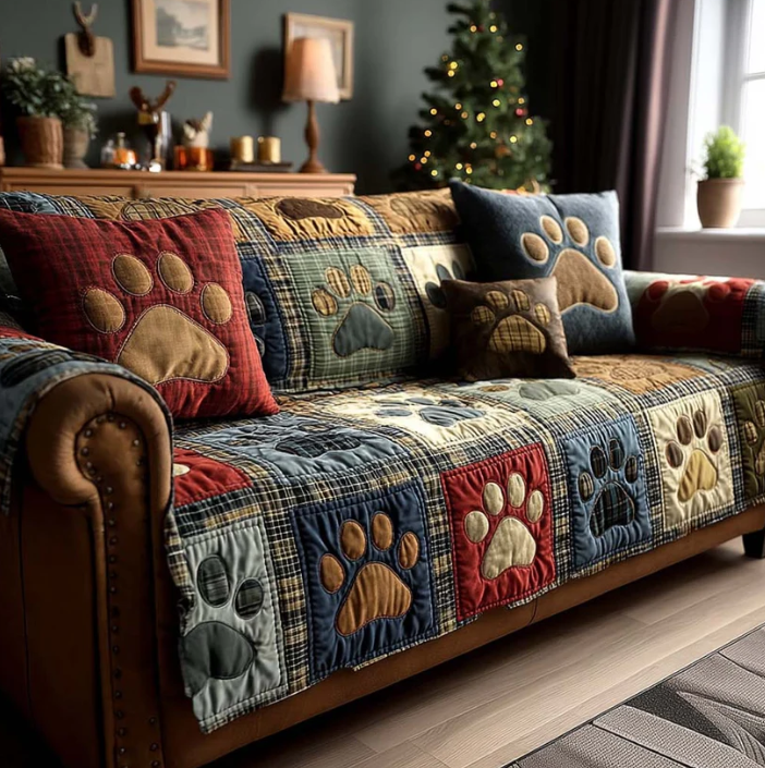 Vintage Blue Pet Paw Sofa Throw, Patchwork Quilted Couch Cover