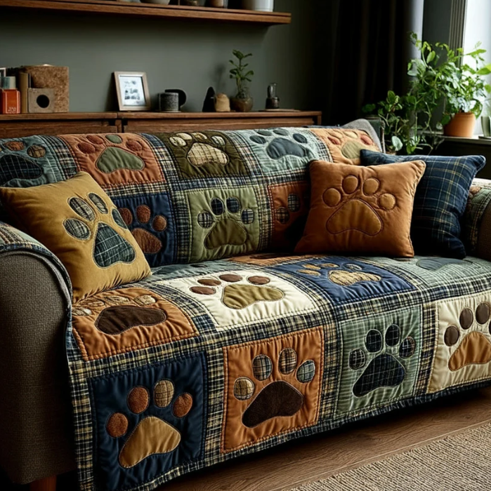Vintage Blue Pet Paw Sofa Throw, Patchwork Quilted Couch Cover