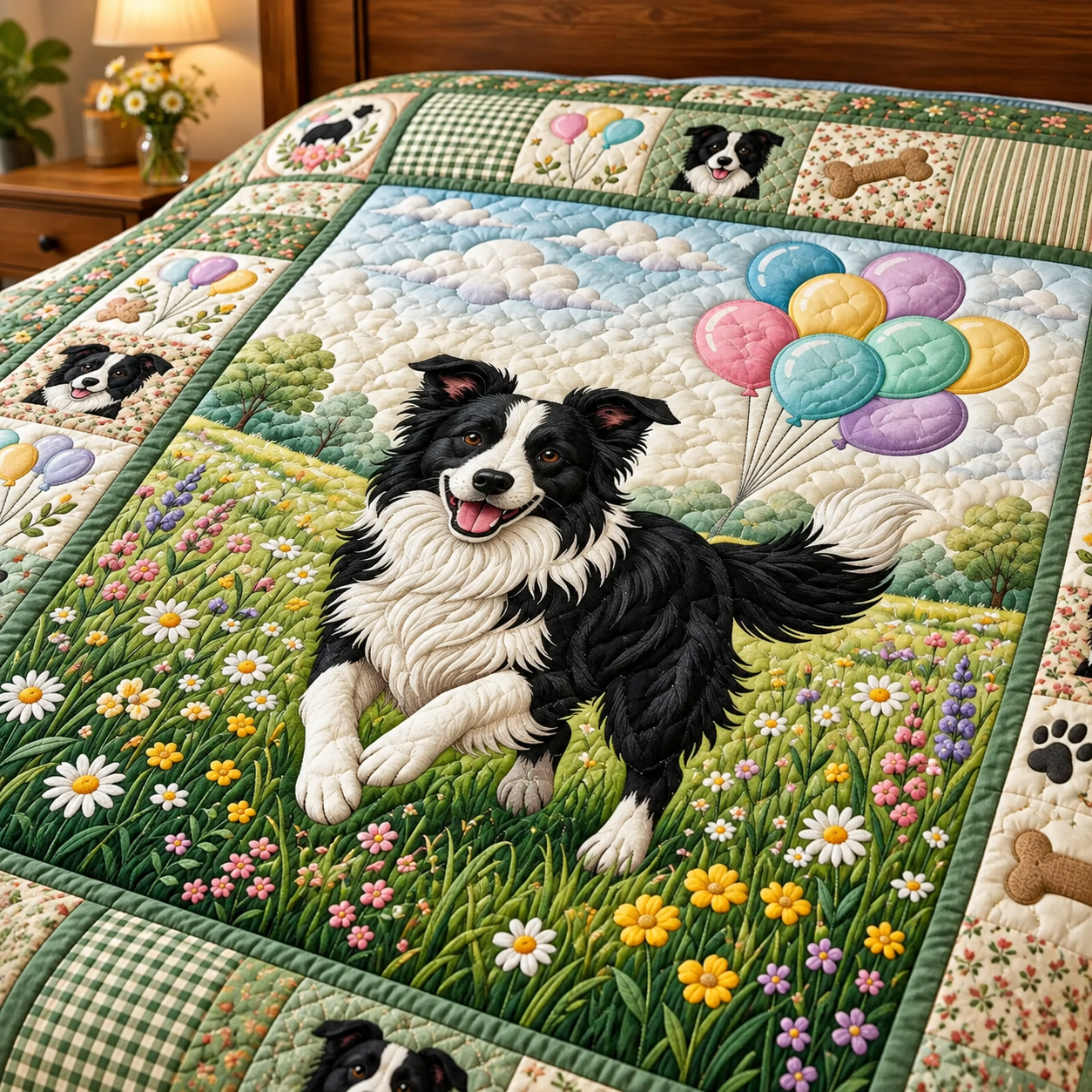 Border Collie Balloon Meadow Quilted Bedding Set 3PCS