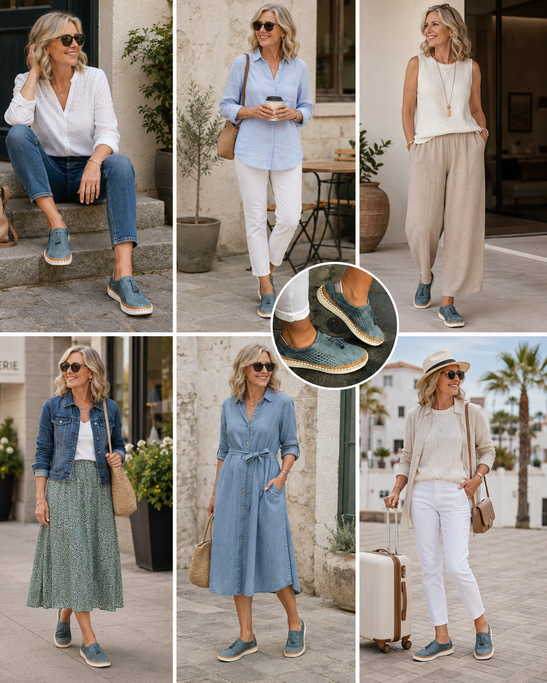 Suggested image: lifestyle collage of a mature woman styling the sneakers with jeans, casual shirt, relaxed trousers, skirt, dress, and weekend travel outfit