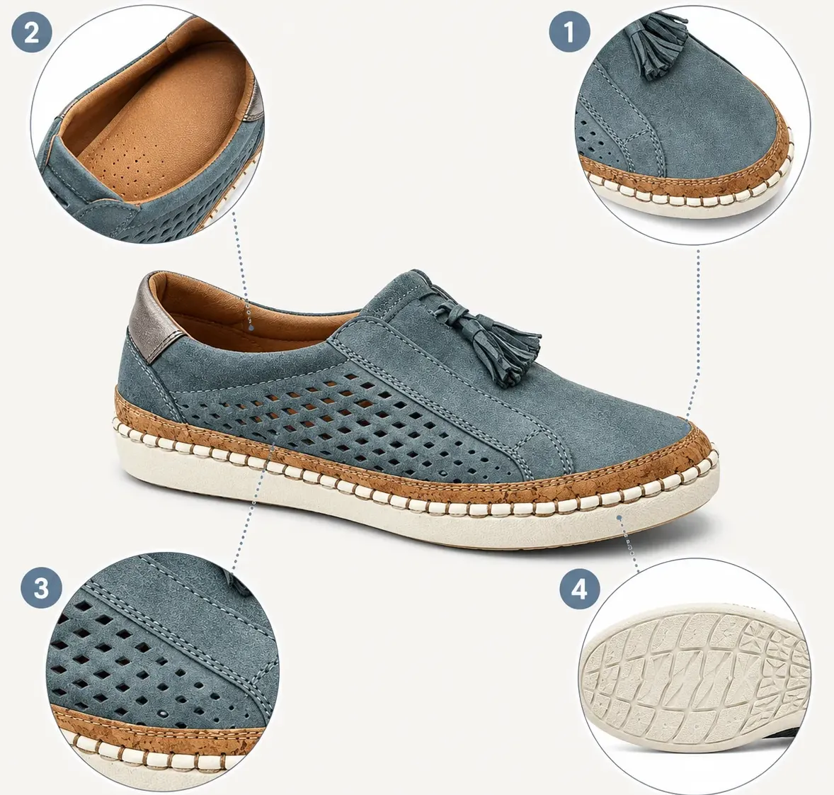 Suggested image: professional foot comfort graphic showing roomy round toe, cushioned insole, breathable hollow-out upper, and textured outsole on a mature woman&rsquo;s casual sneaker