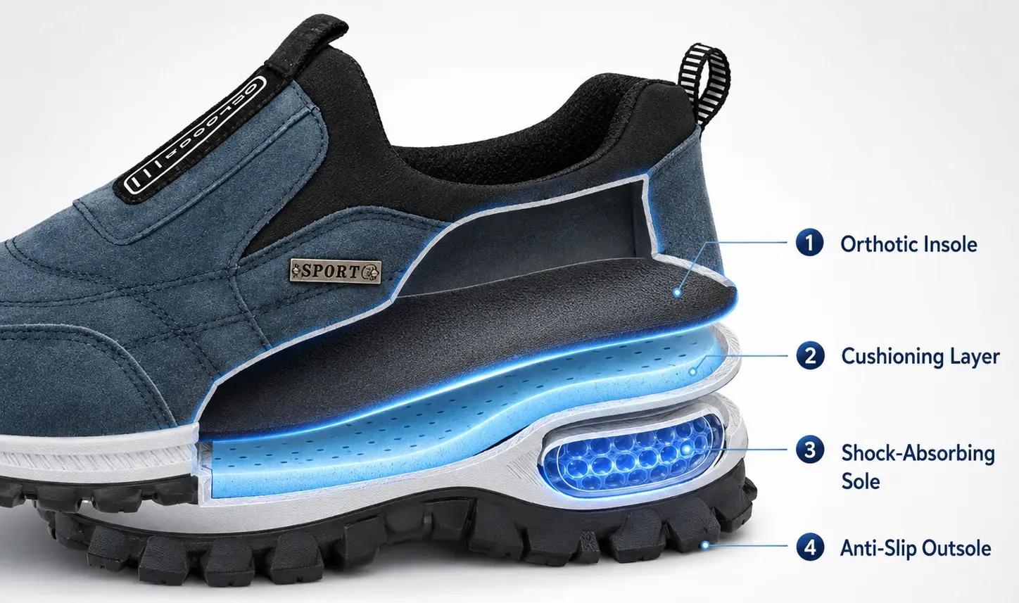 Suggested image: close-up cutaway of cushioned insole layers and shock-absorbing EVA sole