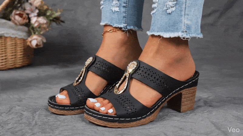 Suggested image: lifestyle hero photo of women wearing orthopedic rhinestone heel sandals with an elegant outfit