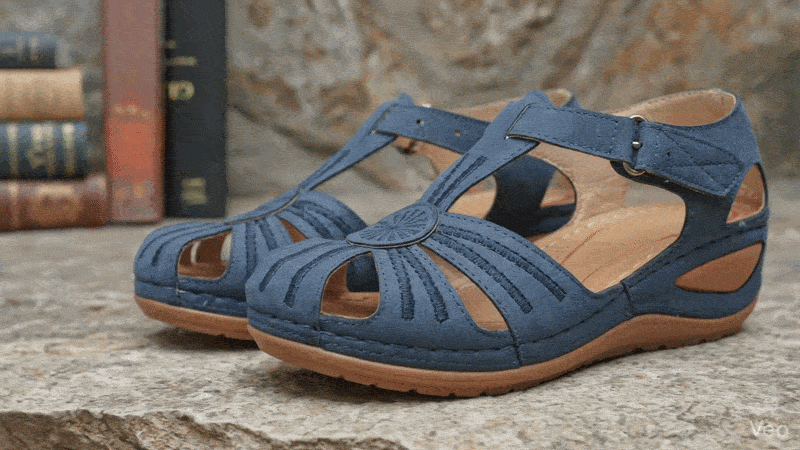 Fill with main lifestyle image or GIF showing a woman walking comfortably in the vintage orthopedic sandals