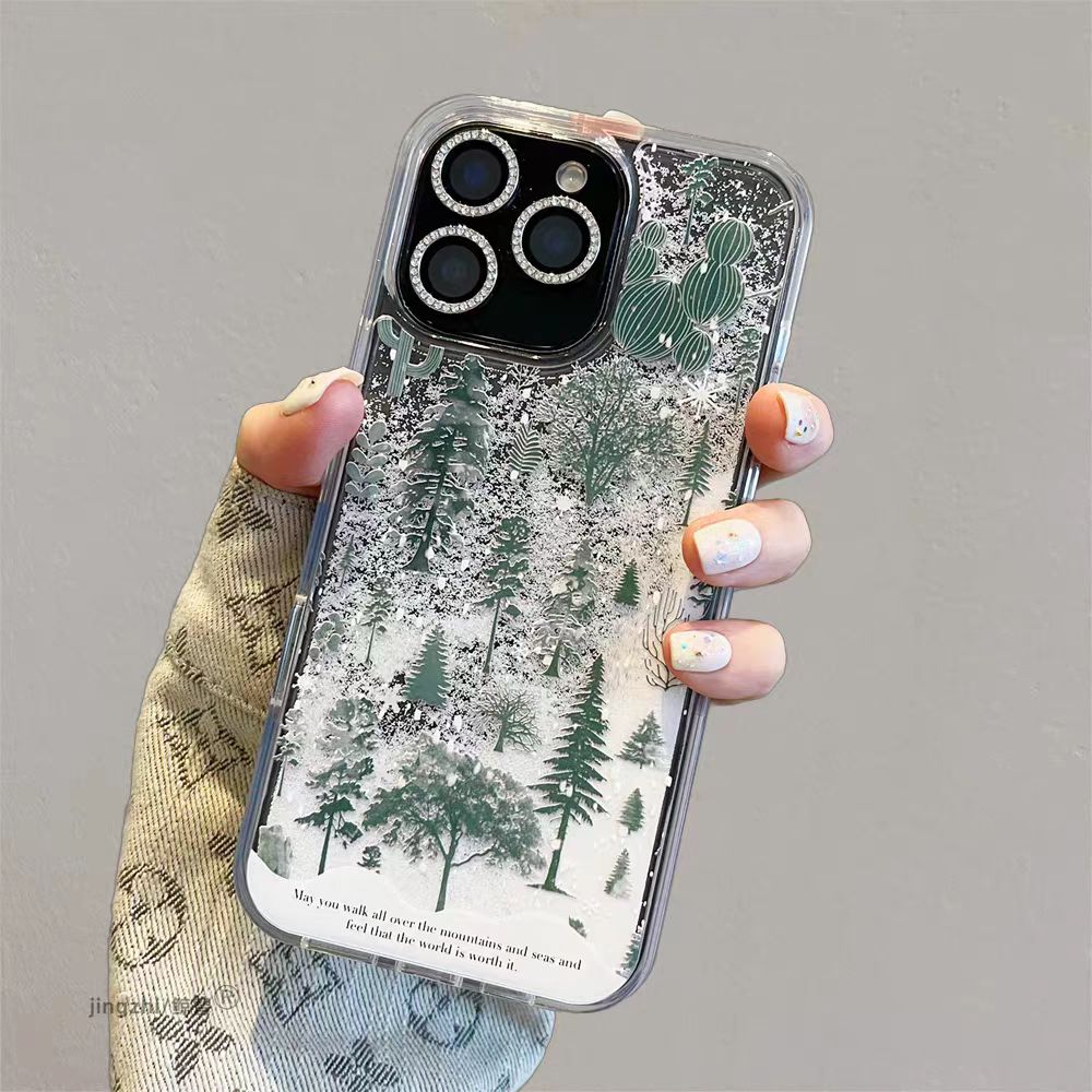 Flowing sand full screen snow mountain green pine phone case