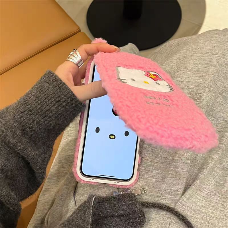 Pink plush Hello Kitty flip phone case