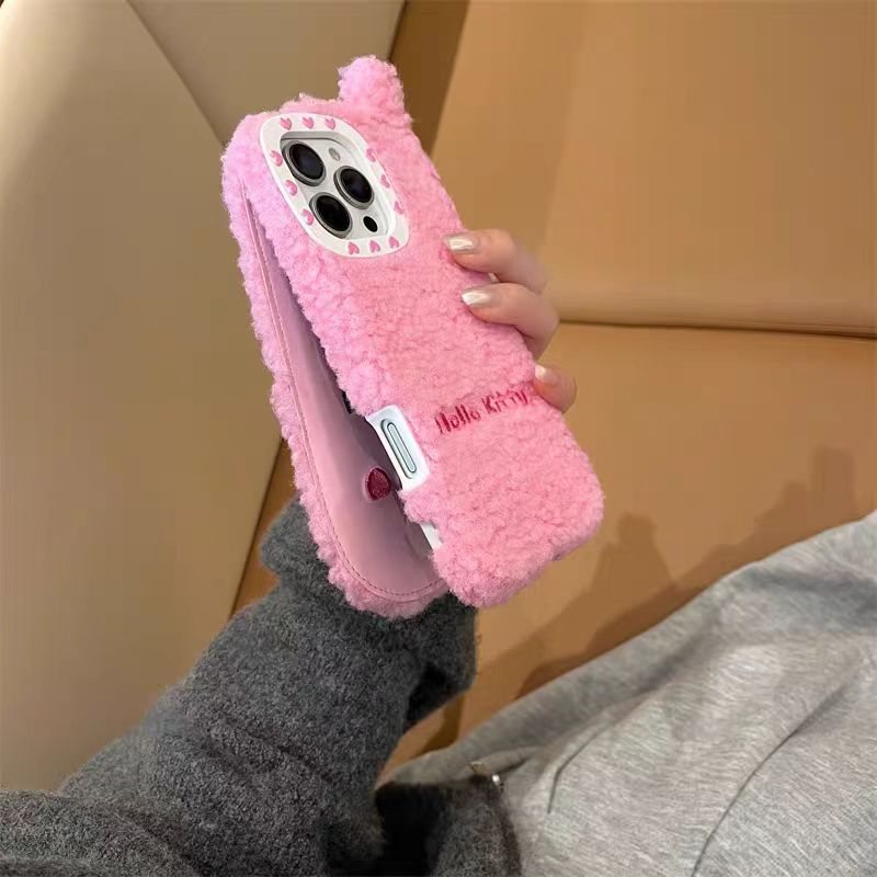 Pink plush Hello Kitty flip phone case