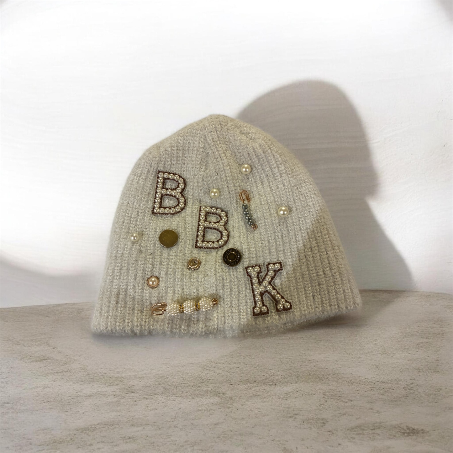 PEARLS AND BUTTON BEANIE