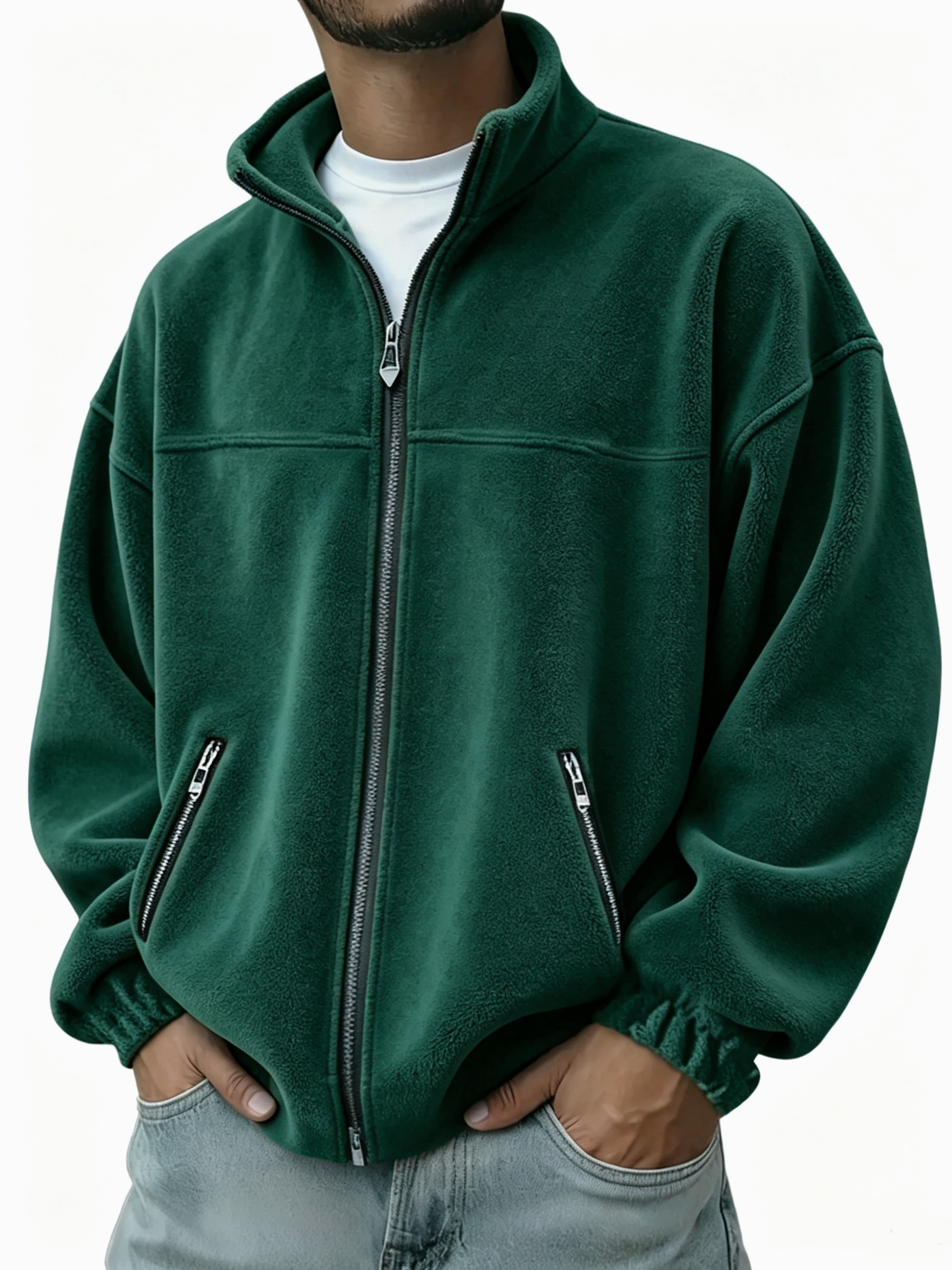 Men's Oversized Stand Collar Full Zip Fleece Jacket