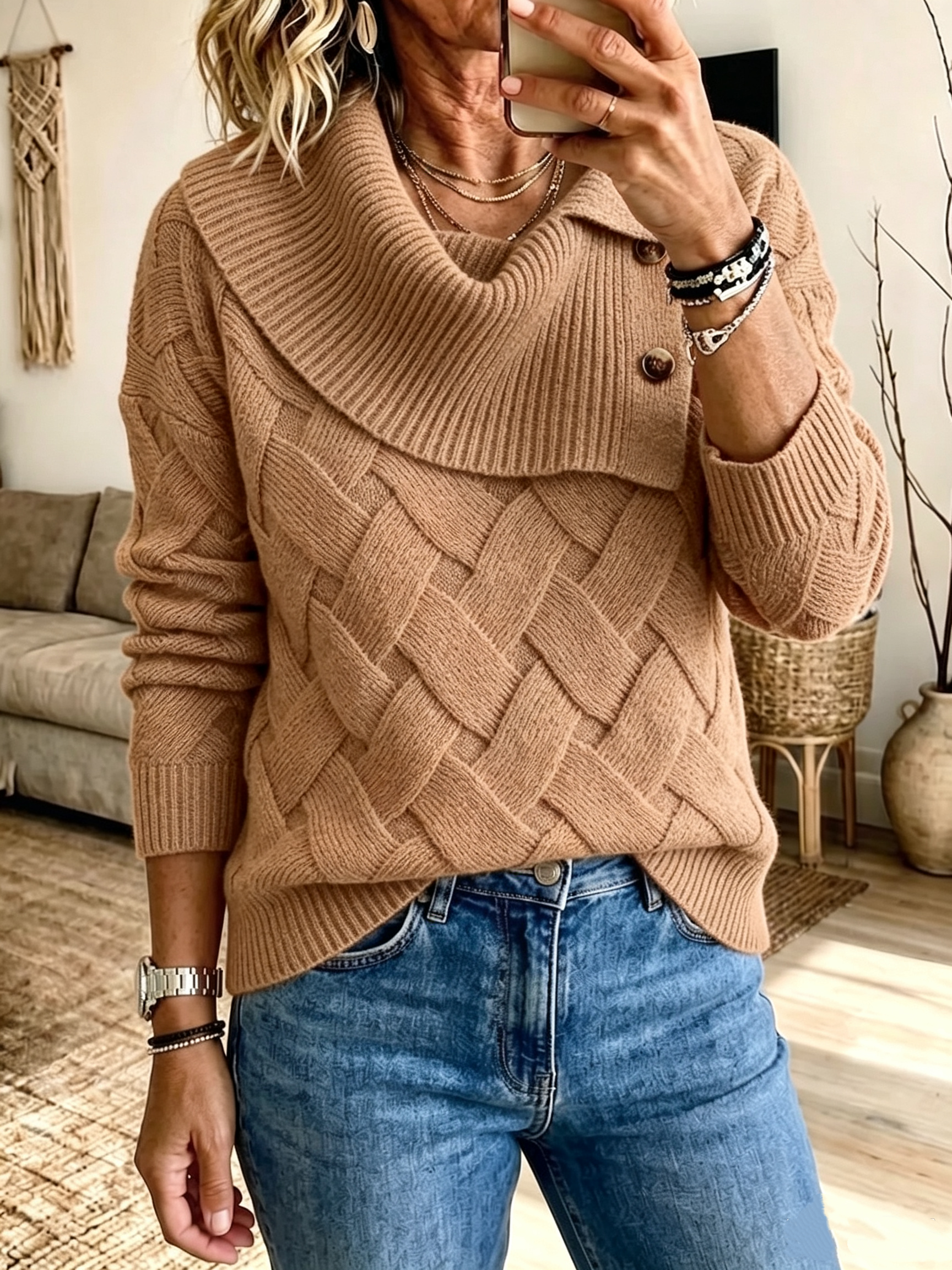 Chic Vibrant Orange Asymmetric Cowl Neck Knit Pullover