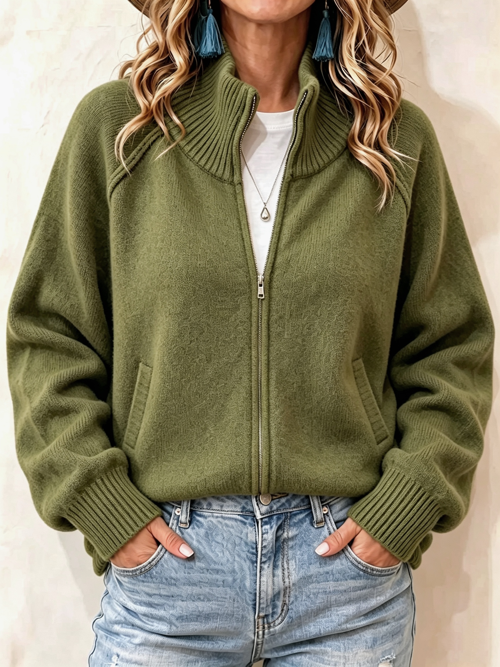 Women's Oversized Zip-Up Knit Jacket | Stand Collar Casual Sweater Coat