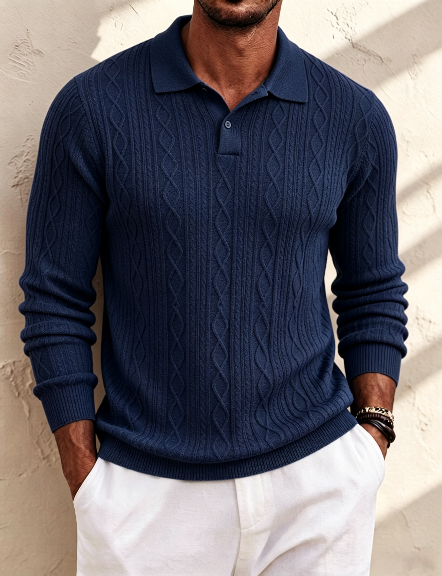 Men's Cable Knit Long‑Sleeve Polo Shirt