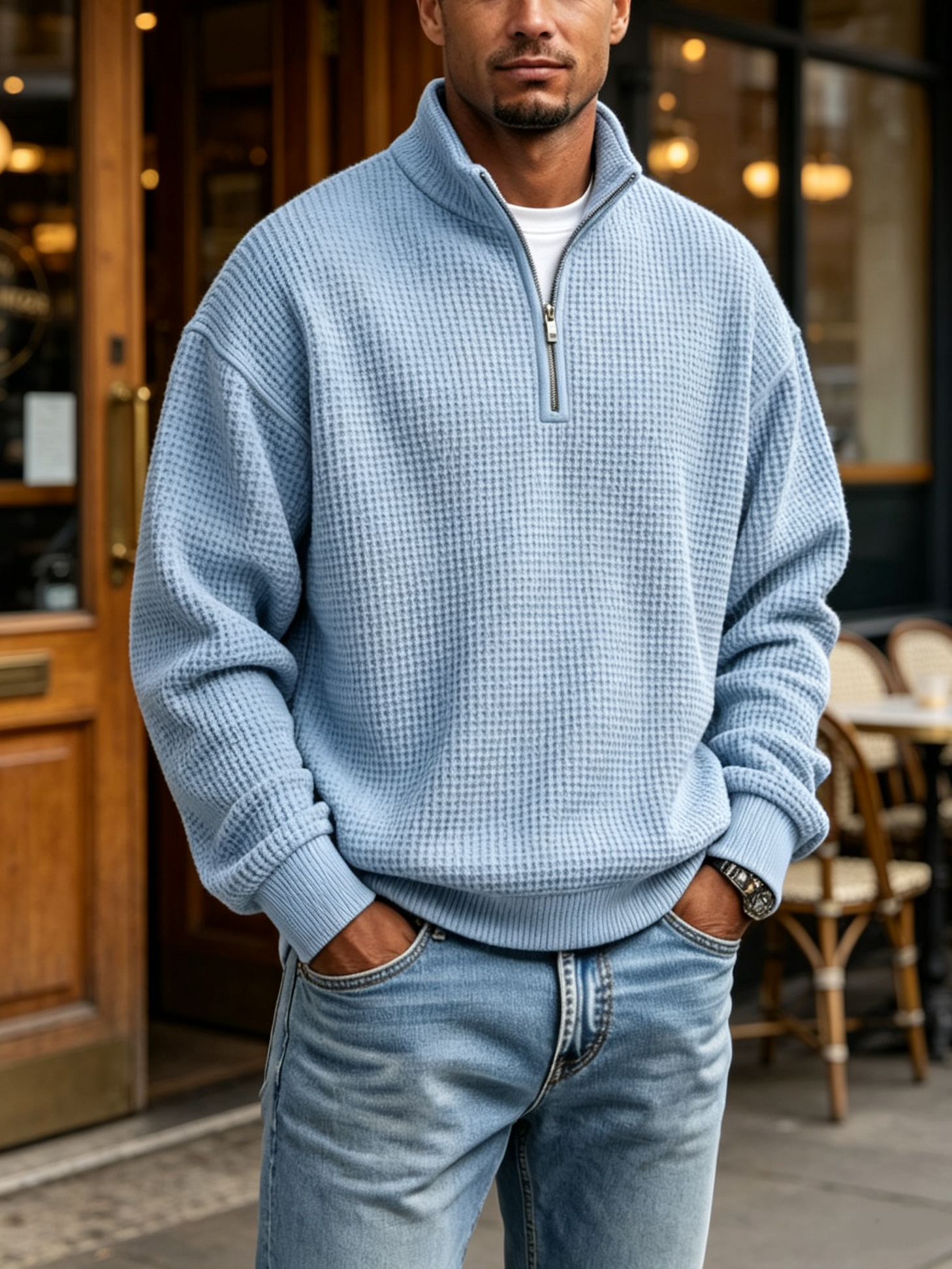 Men's Daily Loose And Simple Waffle Half-zip Stand Collar Long-sleeved Polo Shirt