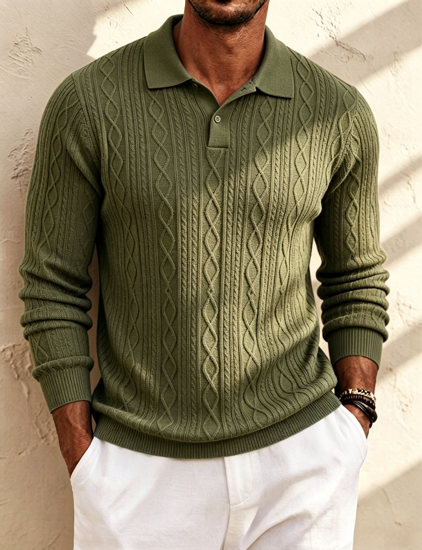 Men's Cable Knit Long‑Sleeve Polo Shirt