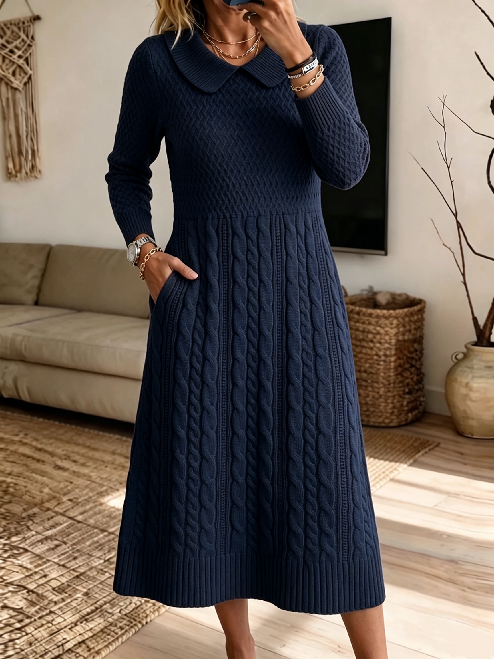 Classic Brown Cable-Knit Collar Midi Dress
