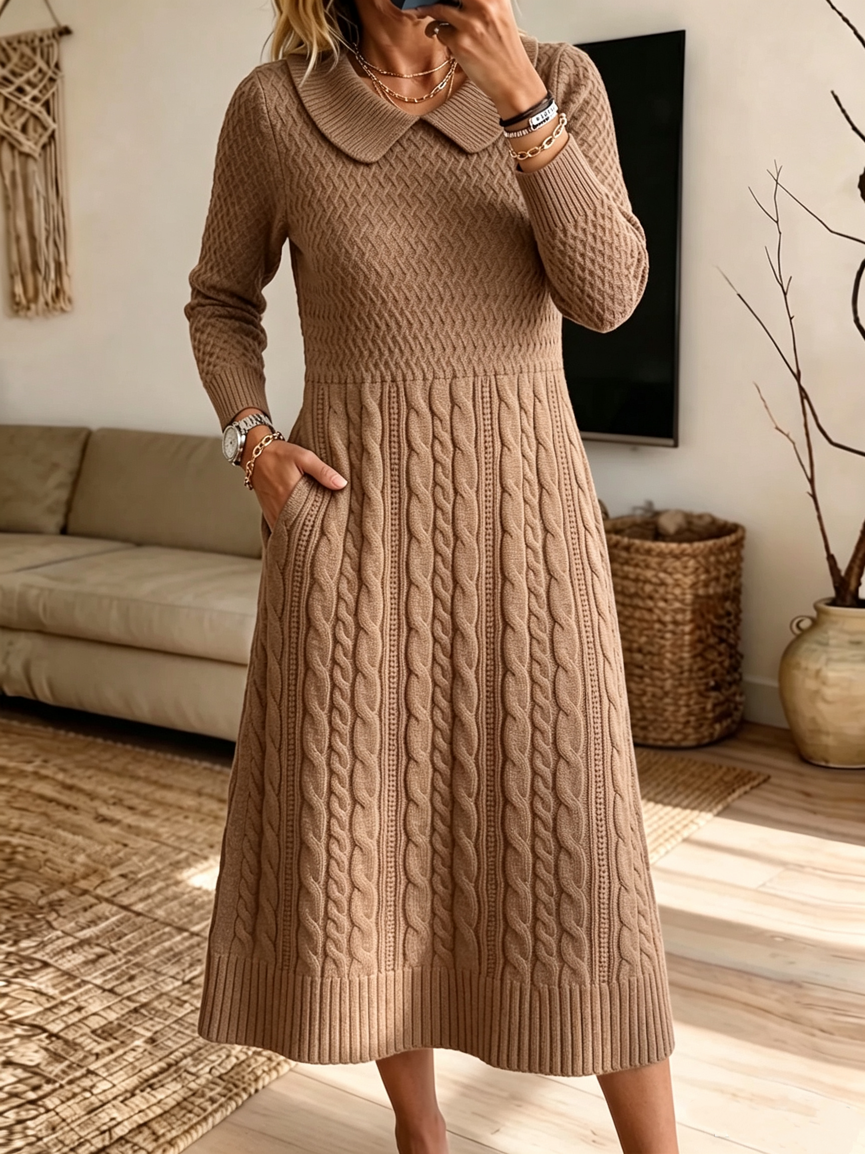 Classic Brown Cable-Knit Collar Midi Dress