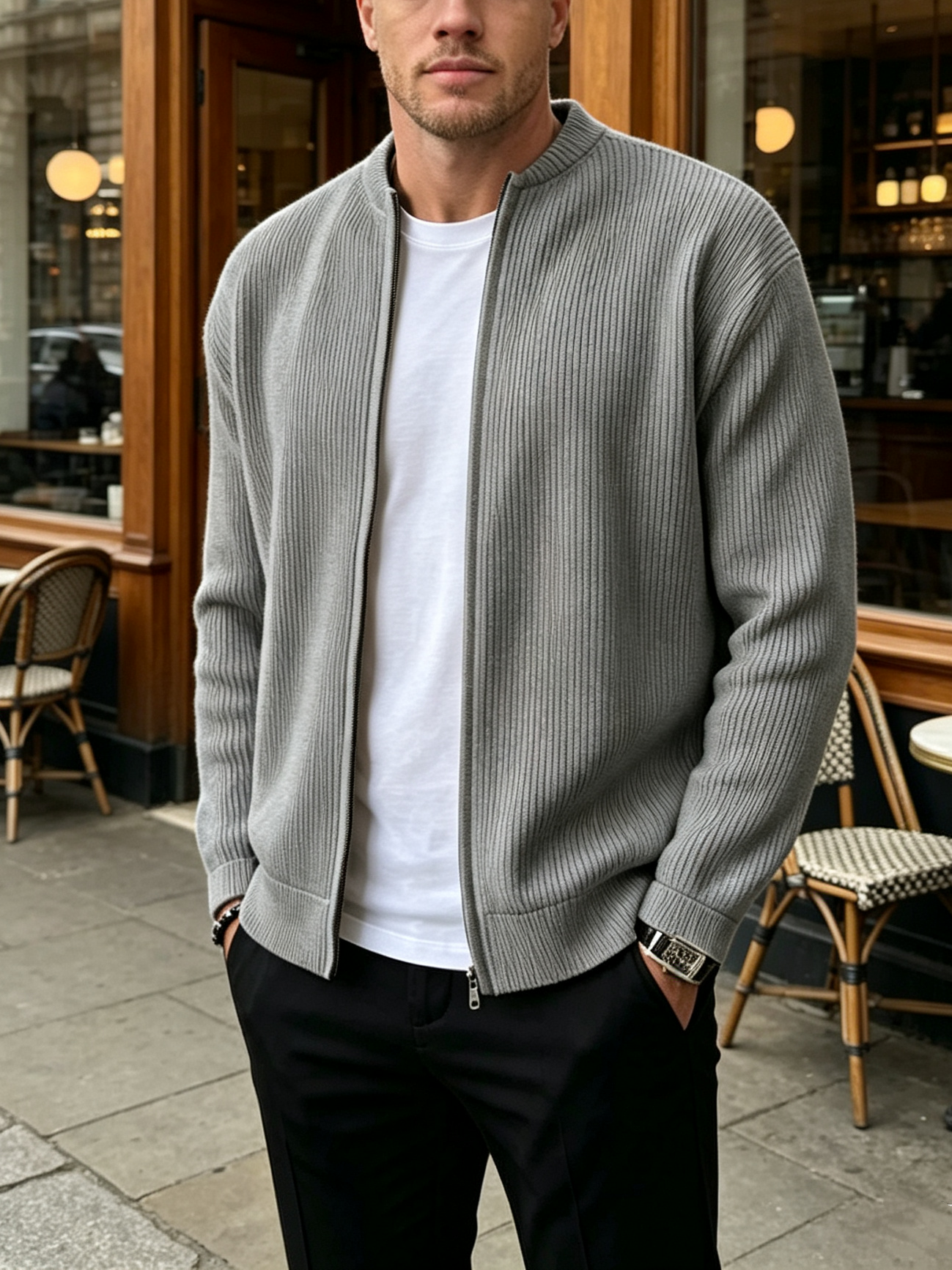 Men’s Ribbed Zip Knit Bomber Cardigan
