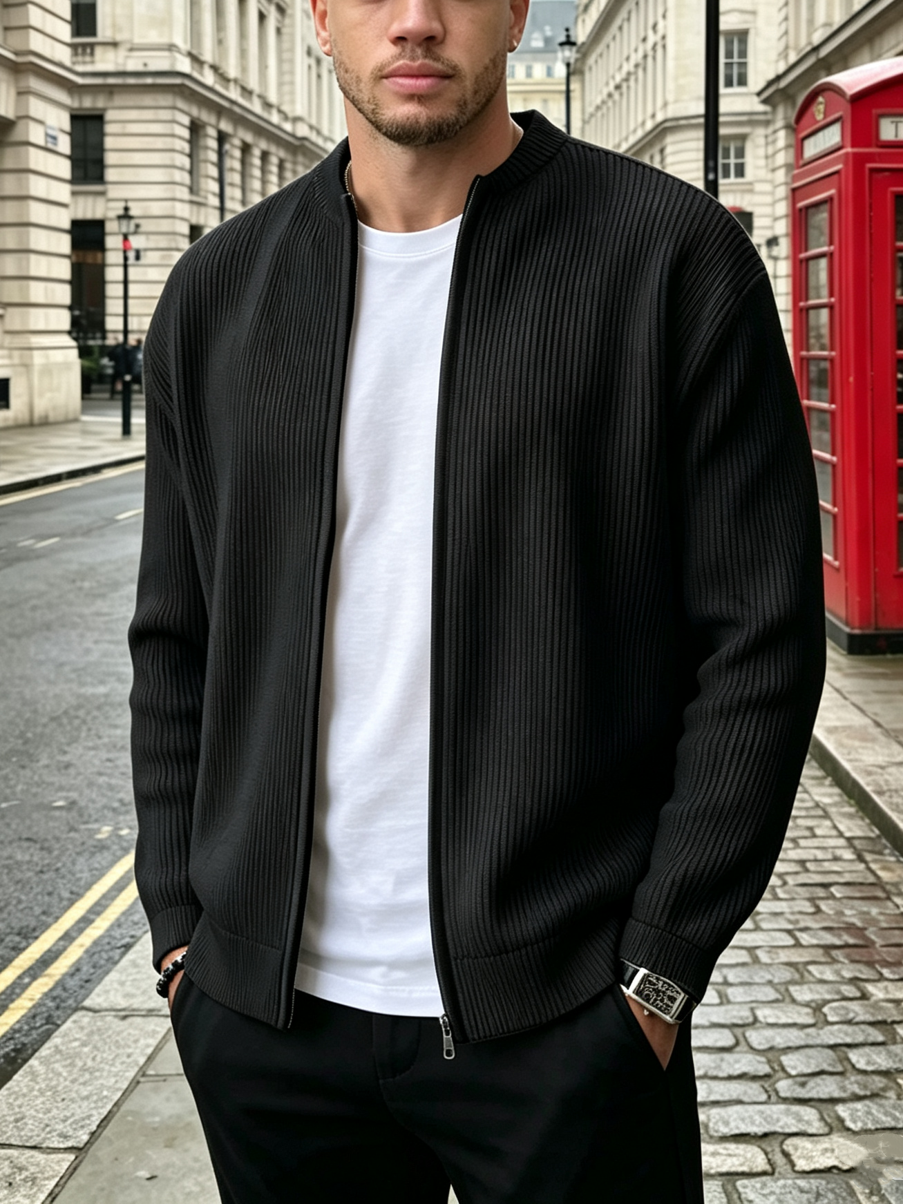 Men’s Ribbed Zip Knit Bomber Cardigan
