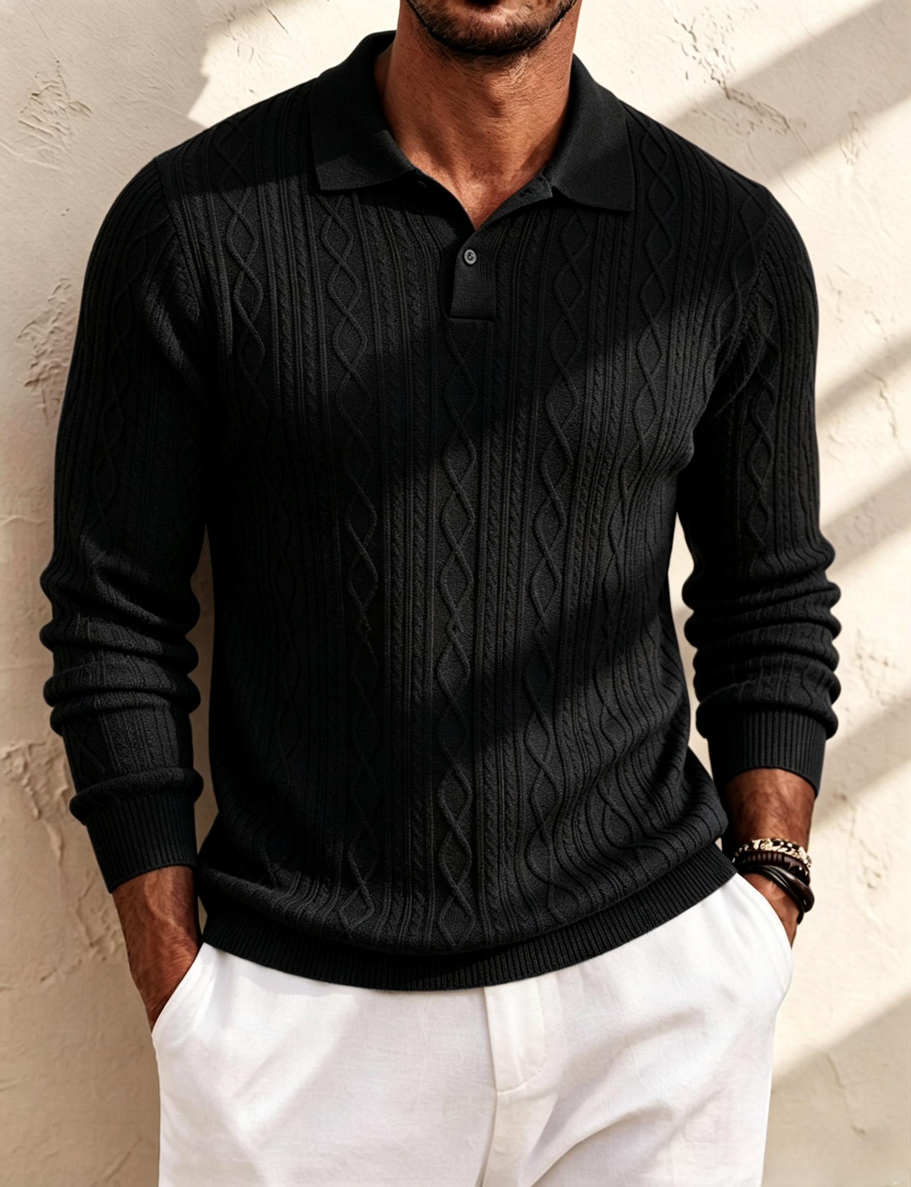 Men's Cable Knit Long‑Sleeve Polo Shirt