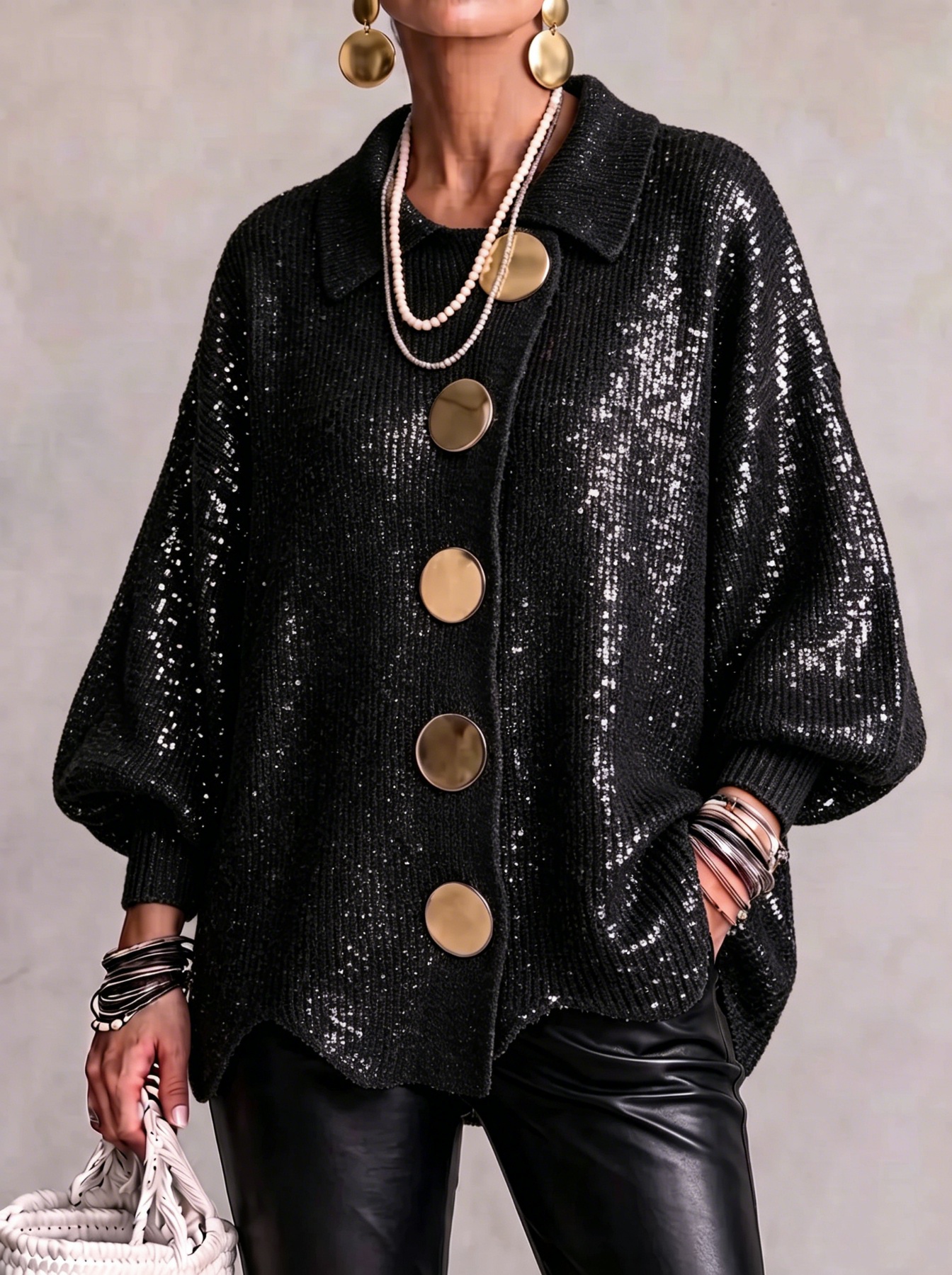 CLEARANCE SALE🔥 Oversized Collared Knit Cardigan With Large Metal Buttons