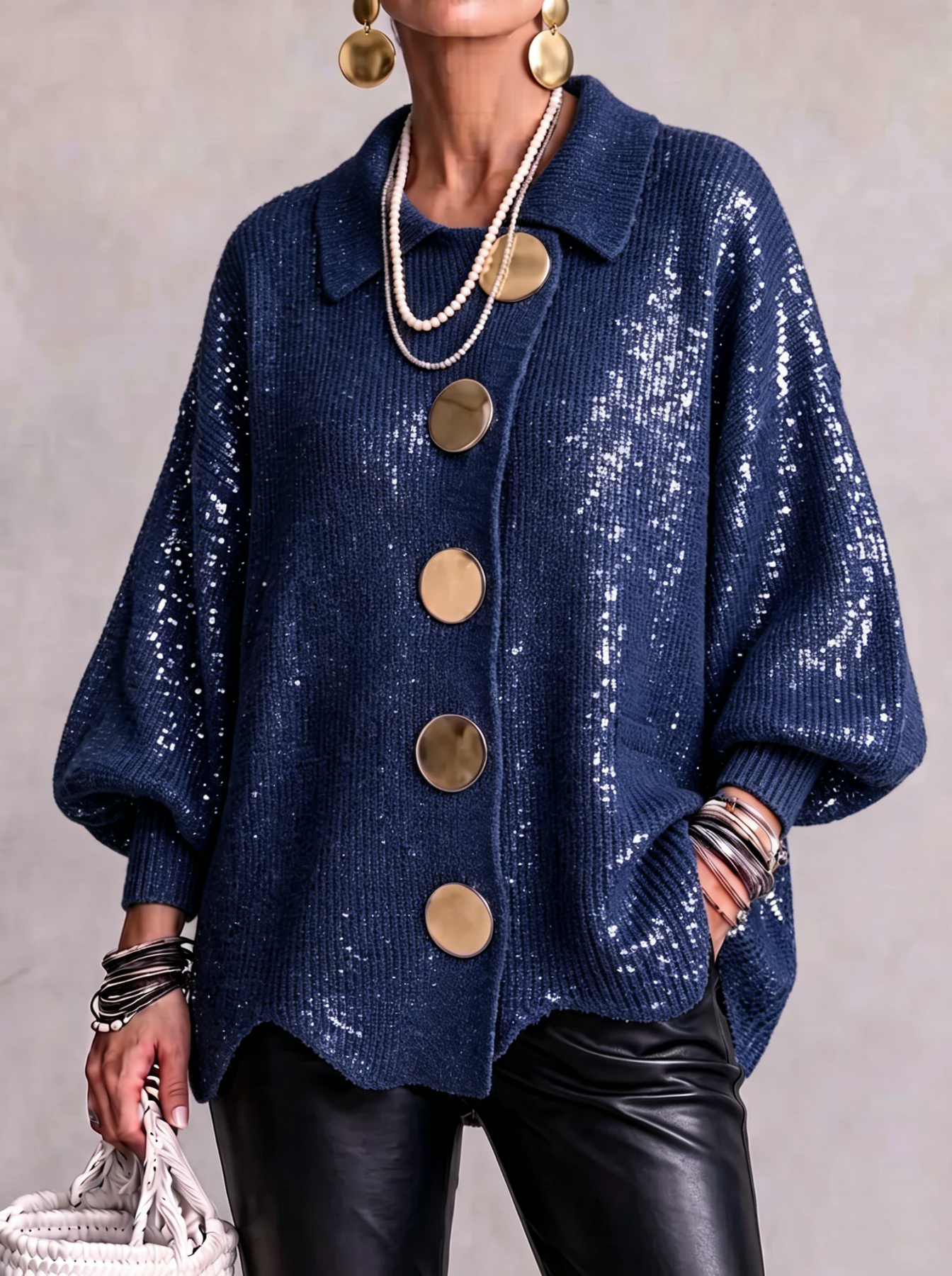 CLEARANCE SALE🔥 Oversized Collared Knit Cardigan With Large Metal Buttons