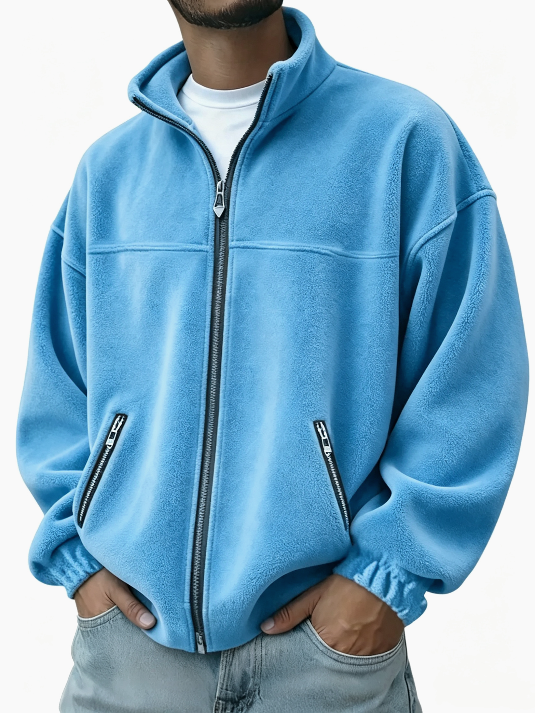 Men's Oversized Stand Collar Full Zip Fleece Jacket