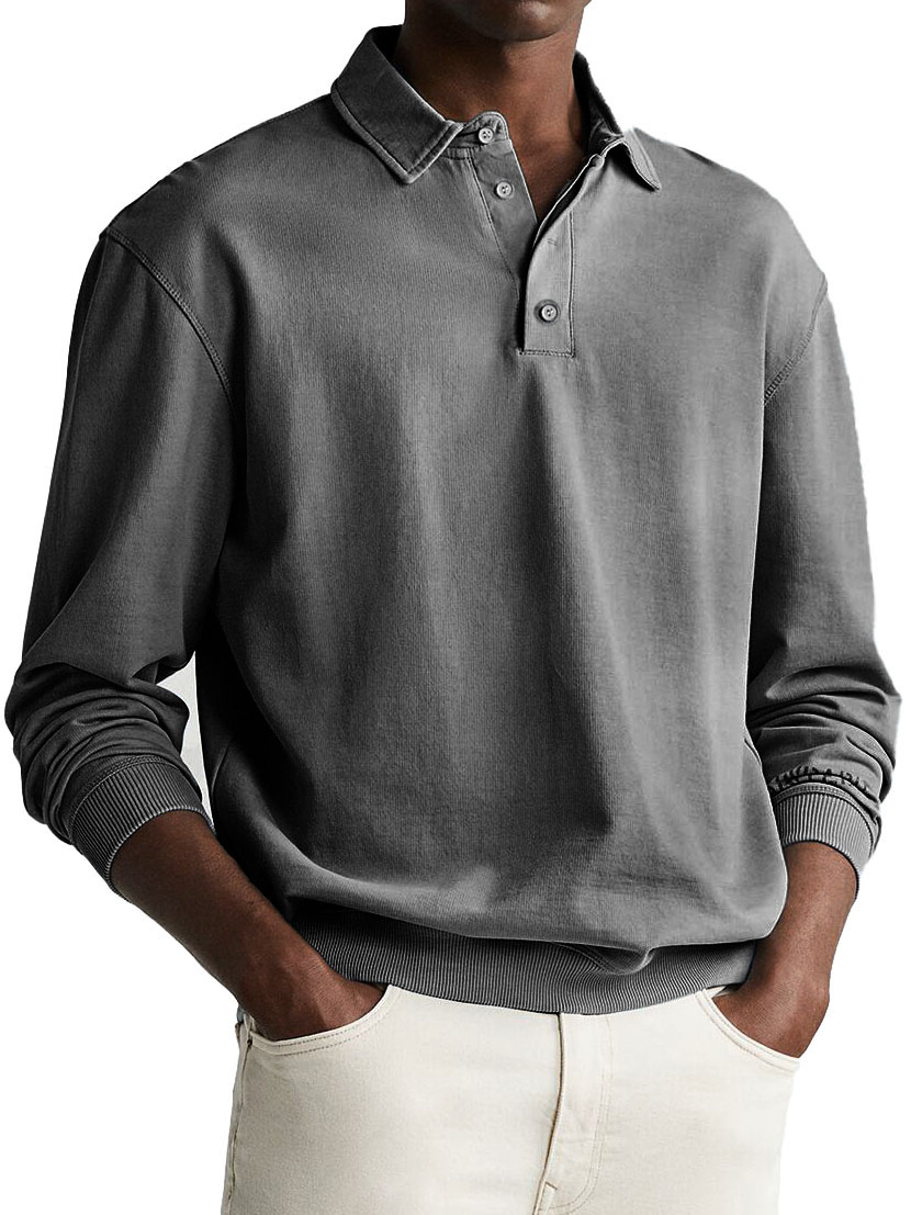 Men's Retro Distressed Comfortable Long Sleeve Lapel Polo Shirt